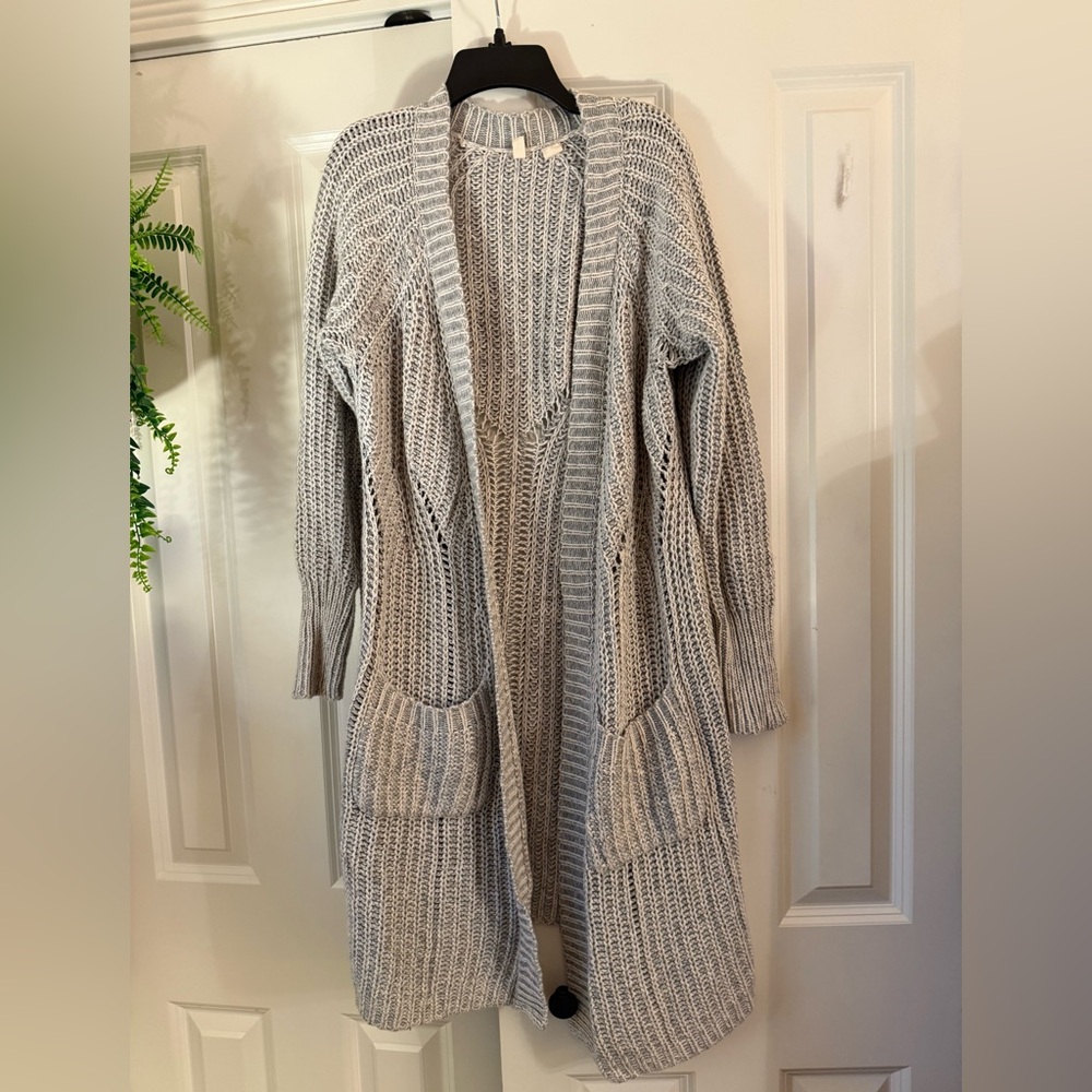 Anthro Moth Grey Open Front Chunky Knit Long Cardigan Cotton/Cashmere Blend SzS - Picture 10 of 15